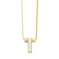 Detail of gold box chain necklace featuring a 3D letter T pendant set with clear zircons - Gold T
