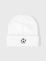 Close-up of white ribbed knit beanie featuring detailed black and white football embroidery - One Size / White