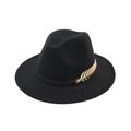 Classic black wool fedora hat with gold leaf feather accessory on a wide flat brim - 57cm Adult One Size / Black