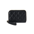 Quilted black leather card holder with diamond stitching and gold zipper closure - Black