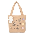 Beige faux shearling tote bag with cute animal embroidery and white teddy bear charm - Cartoon Embroidery/With Pendant / Camel