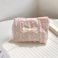 Pink lace cosmetic pouch with polka dots and cream satin bow for small essentials - Bell Coin Purse / Pink