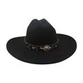 Black wide-brim felt fedora hat featuring a gold vintage Greek key metal emblem - Black