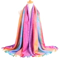 Etnische sjaal met regenboogverloop katoenen verenpatronen en decoratieve kwastjes - Roze