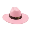 Chapeau de cow-boy en feutre rose avec bande en cuir brun et ornement tête de taureau - Rose