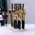 24-piece golden stainless steel cutlery set with black marble handles on metal stand - 24 Pieces Set + Storage Rack / Black