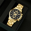 Business men's watch with gold steel band, black dial and three-eye chronograph in gift box - Gold Strap Black Dial Gold Hands