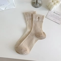 Beige ballet style cotton socks with rib knit pattern and bow embroidery decoration - One Size / Khaki