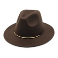 Detail of brown wide brim fedora hat featuring a black band and gold metallic buckle - M (56-58cm) / Dark Coffee