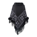 Black knit poncho with grey snowflake patterns, faux fur collar and pearl accents - Black