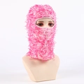 Pink and white fuzzy balaclava mask for winter warmth with long plush knit material - White + Pink