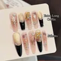 Extra long coffin and stiletto press-on nails with black French tips and crystal charms - XS / 3175-Extra Long Coffin