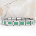 Detail of silver stainless steel modular bracelet with green rectangular enamel inserts - 0078-square-green Section 1