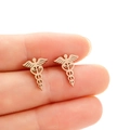 Creative stainless steel medical caduceus stud earrings in polished gold finish - Rose Gold