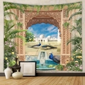 Tropical mosque landscape wall tapestry featuring blue peacocks and archway scenery - Islamic Mosque Peacock Style (GT109958)