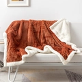 Close-up of double-layer orange striped flannel and white sherpa fleece blanket texture - Caramel color / 70*100CM
