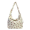 Corduroy tote bag in off-white with red strawberry print and ruched shoulder strap - Off White