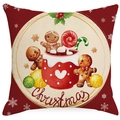 Federa per cuscino natalizia rossa con stampe di omini di pan di zenzero e fiocchi - Tazza di cioccolata calda rossa / 45*45cm Lino monofacciale / Rosso