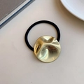 Minimalist gold textured metal pendant hair tie with high elastic black rope - Round / Gold