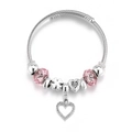 Silver crown bead bracelet with pink crystal beads and sparkling heart pendant - No Box / Heart