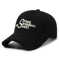Distressed black vintage cotton baseball cap with white artistic embroidery and frayed brim - Black
