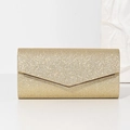 Elegante pochette da sera dorata glitterata con bordo in metallo a V e chiusura a busta - Oro