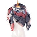 Classic blue and red plaid tartan scarf with fringe tassels on white mannequin - Navy Blue Plaid