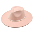 Pink wool fedora hat with elegant pearl chain decoration on flat top jazz cap - M(56-58cm) / Warm Pink