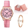 Reloj de mujer rosa con correa de cuero, pulsera de estrella oro rosa y estuche - Reloj + Pulsera + Caja / Rosa