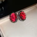 Vintage oval silver needle stud earrings with faceted red gemstone in ornate metal setting - Silver Pin - Gun Black - Red Vintage Gemstone (3#)