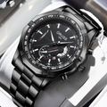 Detailed macro view of black stainless steel case and tachymeter bezel for men's chronograph - Black Steel Strap Black Dial