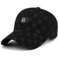 Black baseball cap with DR monogram pattern and silver metal logo on front crown - Adjustable / Black