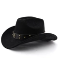 Gros plan sur un chapeau de cowboy noir avec ceinture en cuir et boucle de tête de taureau - M (56-58cm) / Noir