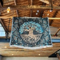 Close-up of bohemian tree of life woven blanket with vibrant blue leaves and fringe detail - XT525-7 Tree of Life