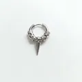 Macro shot of punk style silver hoop earring featuring a sharp metal cone pendant - Dragon Short Spike / Earring (Pierced) / Steel