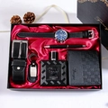 Business gift set for men featuring a black leather watch, wallet, belt, and luxury accessories - 7-Piece Set (Belt + Keychain + Perfume + Wallet + Pen + Watch + Box)