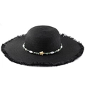 Detail of black straw sun hat with starfish bead trim and frayed tassel brim edge - M(56-58cm) / Black