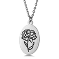 Silver oval stainless steel necklace with black carnation flower engraving on a thin chain - January Carnation (KN227534-Z)