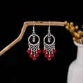 Bohemian silver earrings featuring vibrant red beads and a vintage tassel design - Silver + Red Beads Tassel (E5810-1/Red)