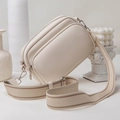 Chic beige leather crossbody camera bag with double zippers and a wide fabric strap - Off White