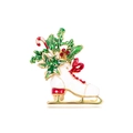 Broche patin à glace de Noël avec canne à sucre, feuilles vertes et fini doré - Patins à Glace Blanc