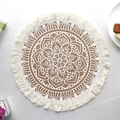 Round jute placemat with white mandala pattern and beige fringes for dining table decor - Type A White Tassel