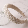 Detail showing the white satin padded headband with grid pattern faux pearl embellishment - Style 3 (White Lattice Pearl)