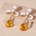 Close-up of vintage iris flower earrings with amber glass water drop pendants - Alloy/Glass/925 Silver Needle / White Flower Amber Water Drop Earrings