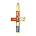 Ciondolo a croce dorata con gemme rettangolari colorate su sfondo bianco - Ciondolo Croce in Zirconia Multicolore Oro