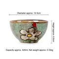 Japanese ceramic rice bowl in light green with hand-painted white flower and 420ml capacity - 4.8 Inch / GK Green Retro