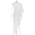 Detalle del vestido blanco sin mangas con cuello alto y dobladillo satinado irregular - S / Estándar / Blanco