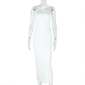 Detail of elegant white halter neck dress with metallic ring and hollow out design - S / White