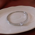 Minimalist silver open bangle with center round zircon and rectangular side stones - Silver Prong Inlaid Round & Baguette Crystal Style (48#)