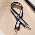 Adjustable wide fabric bag strap with black and white stripes and silver metal hooks - Black and Silver (Silver Buckle)